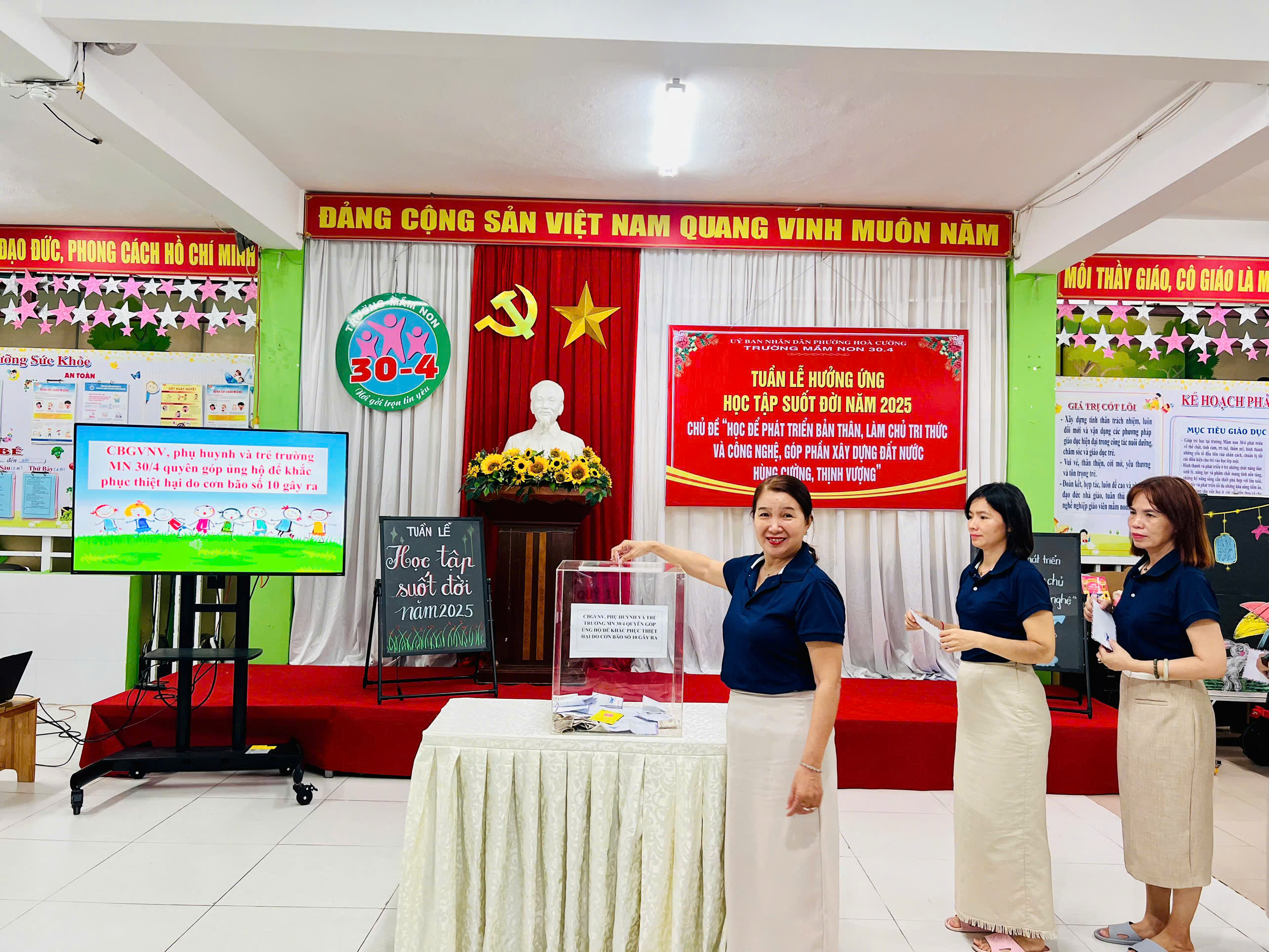 CBGVNV, PHỤ HUYNH VÀ TRẺ TRƯỜNG MN 30/4 QUYÊN GÓP ỦNG HỘ ĐỂ KHẮC PHỤC THIỆT HẠI DO CƠN BÃO SỐ 10 GÂY RA